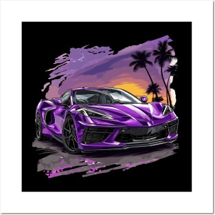 Purple C8 Corvette Stingray Tropical Sunset Supercar Racecar Muscle Car Sportscar Corvette C8 Posters and Art